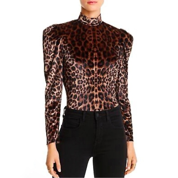 LINI Velour Mock Puff Sleeve Leopard Print Top Brown Black Tan Small - Picture 1 of 12